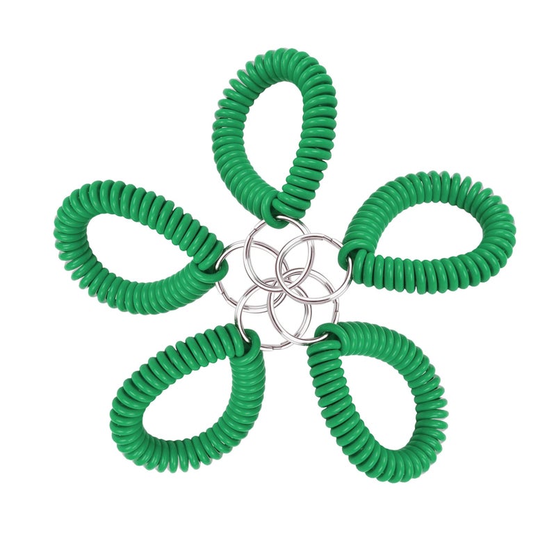 Lucky Line 2â€ Spiral Wrist Coil with Steel Key Ring, Flexible Wrist Band Key Chain Bracelet, Stretches To 12â€, Green, 5 Pack (4104005) - Image 1